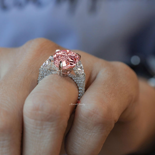 6 CT luxury pink moissanite pear shaped engagement ring,large Three stone pink pear ring,unique celebrity style,big cocktail wedding ring