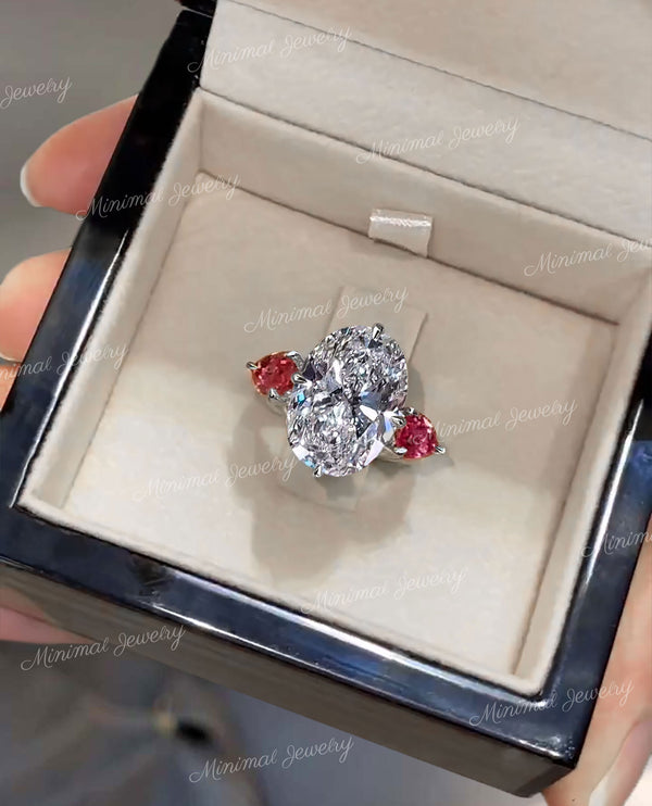 7.5CT Three stone oval engagement ring Large crushed ice oval moissanite ring&pink pear lab diamond hidden halo unique art deco wedding ring