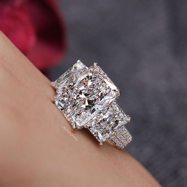 Wedding Anniversary 9.5ct Radiant Cut Moissanite Ring Large Three Stone Wide Band Statement Ring 14K White Gold Engagement Ring for women