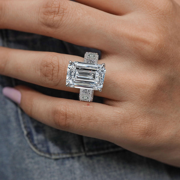 Emerald cut Moissanite engagement ring 8 CT large moissanite ring solitaire wide band Hidden halo iced out diamond cocktail wedding ring