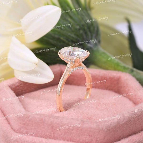2.5 CT Oval Moissanite engagement ring,Rose gold,hidden halo oval cut moissanite,pave bridge,unique solitaire,Cathedral ring,wedding ring