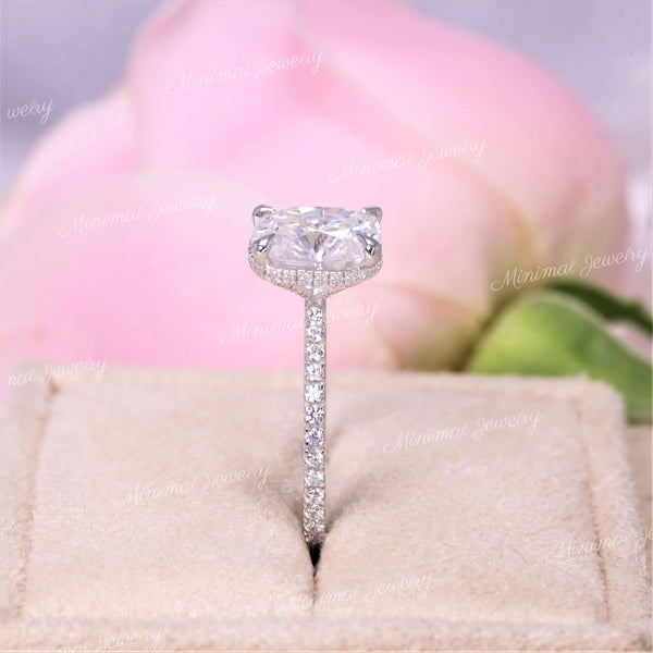 2.5 CT cushion cut engagement ring hidden halo 14k white gold unique solitaire pave prong elongated cushion moissanite ring anniversary ring