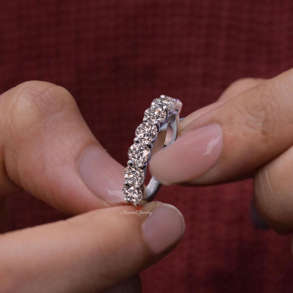 Half eternity wedding band 7 stone moissanite wedding band 14k gold 2.5mm dainty wedding band women stackable ring 7th anniversary gift band