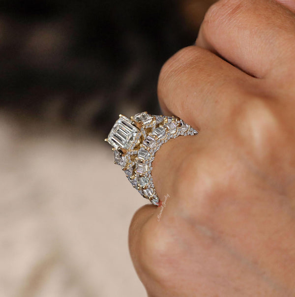 Emerald Cut Moissanite Engagement Ring set 15.1TCW Three stone moissanite bridal set hidden halo wide eternity band wedding anniversary ring