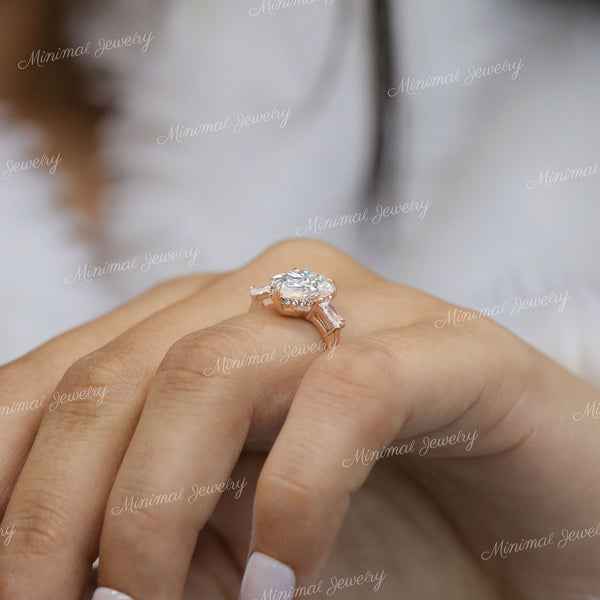 3.98 TCW Three stone engagement ring,pear moissanite,hidden halo,side Baguette,unique three stone ring,14k rose gold,wedding ring,women