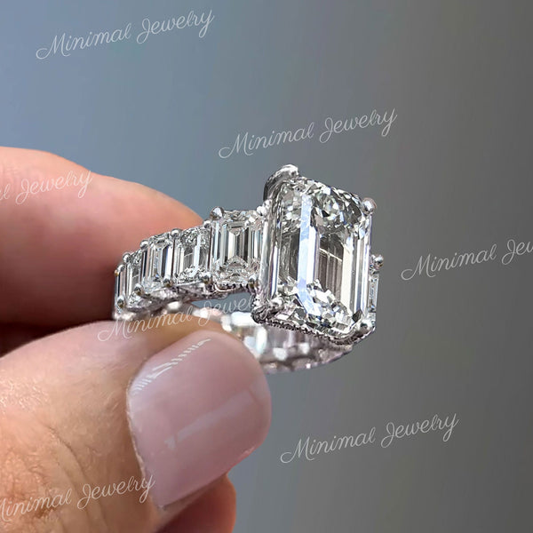 4.4ct emerald cut moissanite ring Three stone engagement ring Hidden Halo Wide Band 14k White Gold Wedding Anniversary Ring for Women