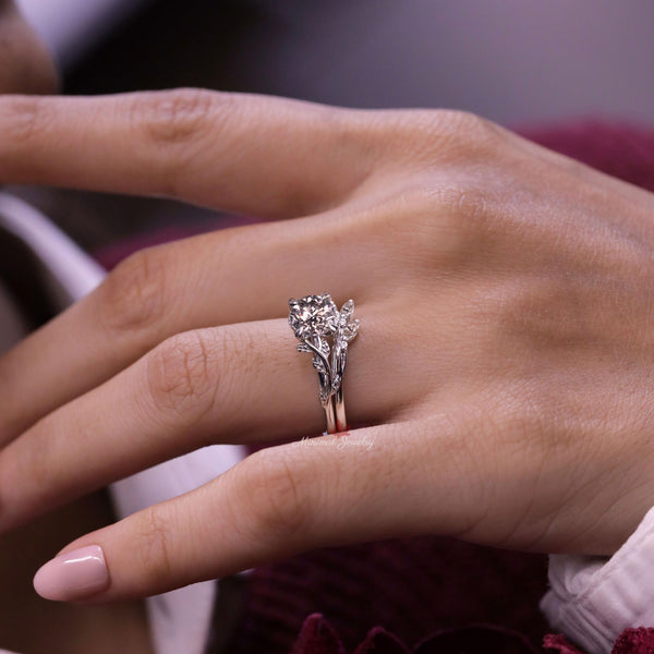 Nature inspired engagement ring set platinum 1 carat moissanite flower leaf engagement ring bridal wedding ring set women promise ring her