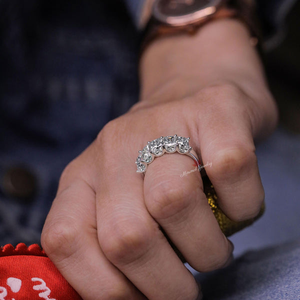 Radiant cut five stone ring,5 Moissanite wedding band,unique half eternity wedding band,thick stacking rings,women,anniversary gift 5 years