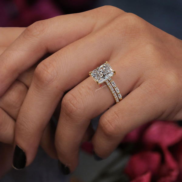 lab grown diamond ring 2.8 CT radiant cut engagement ring set wedding ring set simple IGI certified hidden halo CVD lab created diamond ring