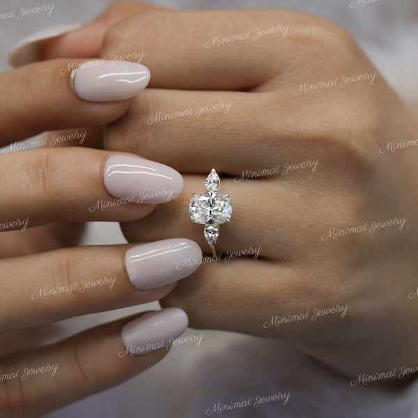 2.5 CT cushion cut engagement ring,moissanite three stone ring,pear side stone&elongated cushion moissanite ring,anniversary,wedding ring
