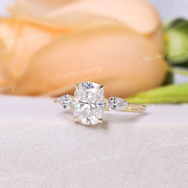 2.5 CT cushion cut engagement ring,moissanite three stone ring,pear side stone&elongated cushion moissanite ring,anniversary,wedding ring