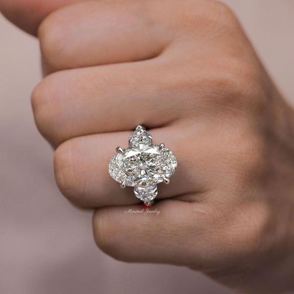 9 CT Three stone oval cut moissanite engagement ring,hidden halo,celebrity style,heart&large oval moissanite wedding ring anniversary gift