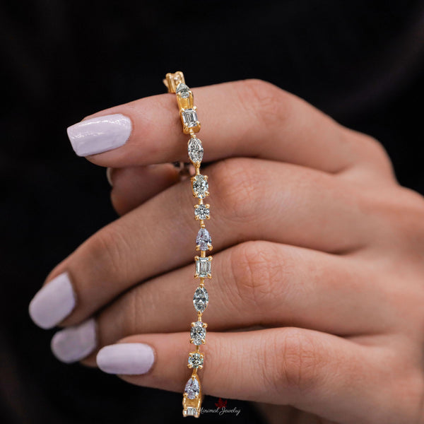 Moissanite tennis bracelet,solid 14k gold bracelet,bezel set bracelet,multi shape moissanite bracelet,lab diamond tennis bracelet,wedding