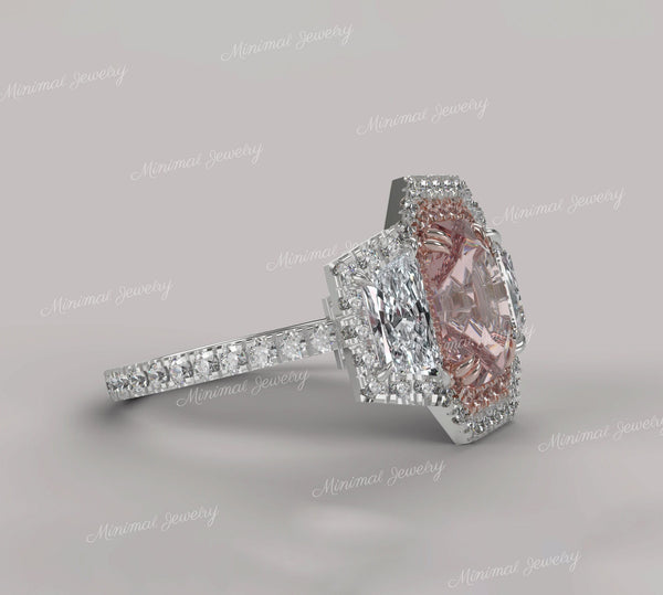 4.2CT Radiant morganite engagement ring Three stone halo rose gold Morganite ring,celebrity style moissanite&big pink morganite wedding ring
