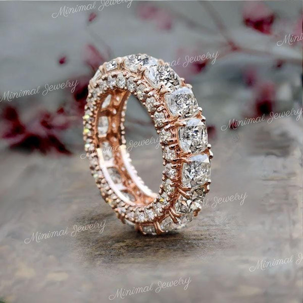 6.3 tcw cushion cut wedding band,full eternity band,14k rose gold moissanite wedding band,unique eternity ring,thick modern,stackable ring