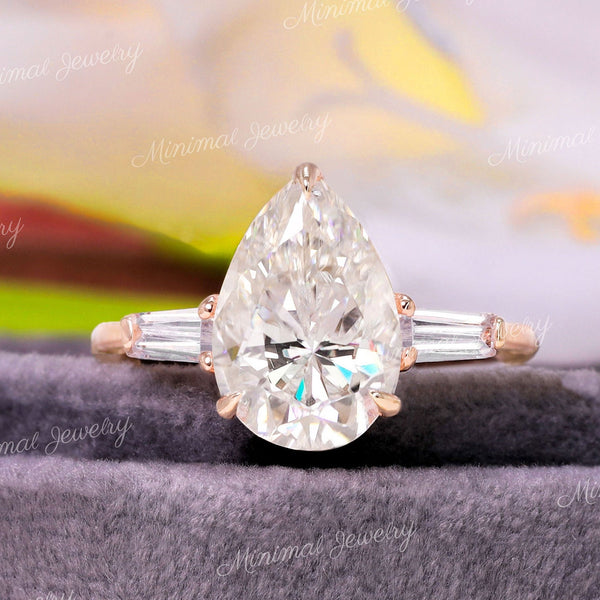 3.98 TCW Three stone engagement ring,pear moissanite,hidden halo,side Baguette,unique three stone ring,14k rose gold,wedding ring,women