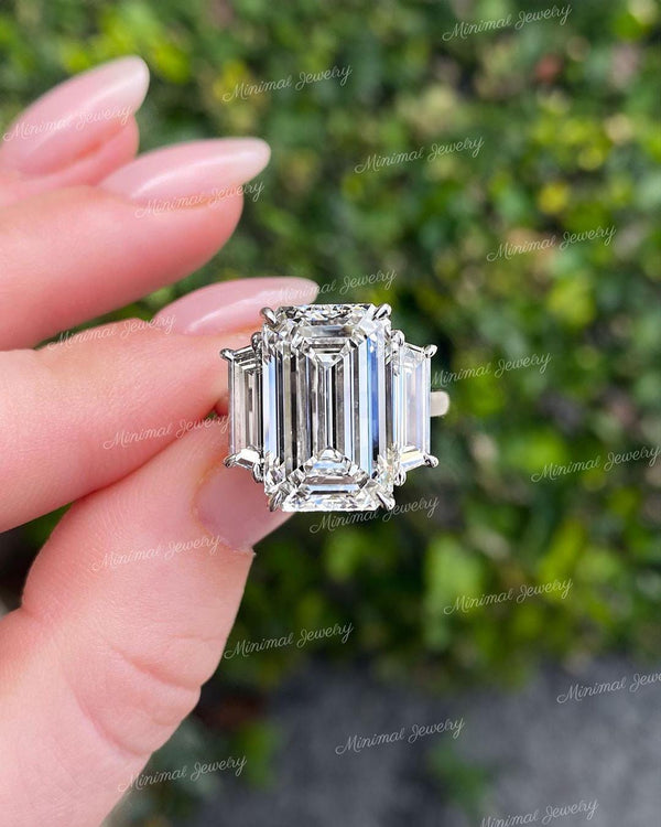 12.1TCW Three stone emerald cut moissanite ring,3 stone emerald cut engagement ring,white gold,big large celebrity style,unique wedding ring