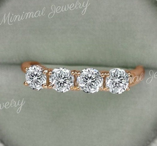 Dainty wedding band four stone Round 14k gold 4mm Moissanite wedding band half eternity band stacking ring set Anniversary band gift for her