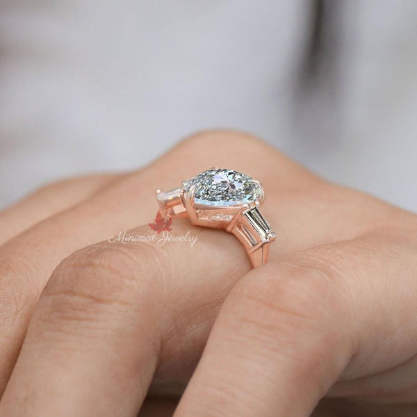 Lab Grown Diamond pear engagement ring set 14k Rose gold pear shape ring 3.2 TCW Three stone diamond wedding Ring hidden halo promise ring