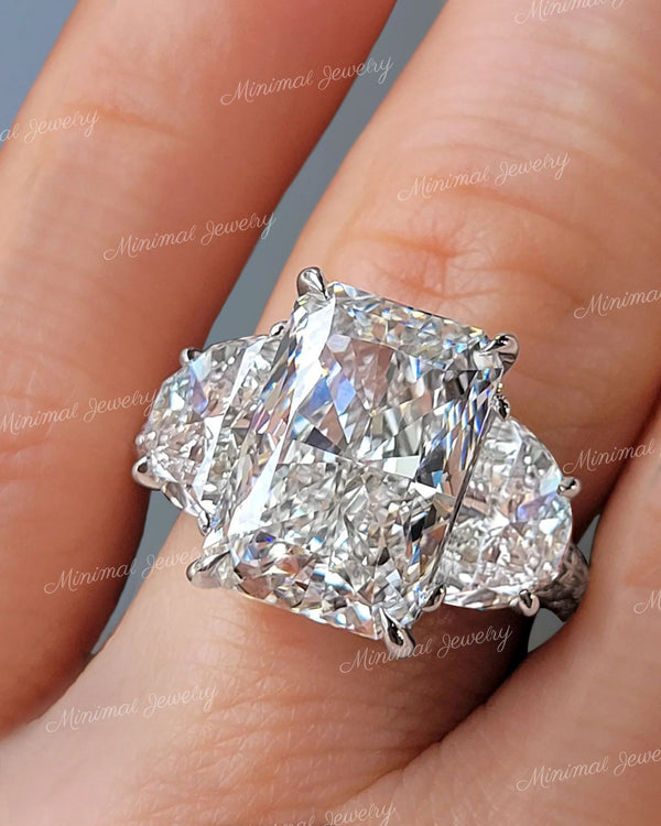 Radiant cut moissanite engagement ring 7 CT Three stone half moon&large crushed ice moissanite radiant cut engagement ring wedding ring
