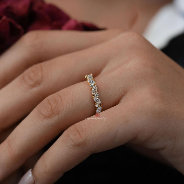 moissanite wedding band,unique marquise band ring,vintage,half eternity cluster ring,marquise wedding band,Solid Gold dainty Stacking ring