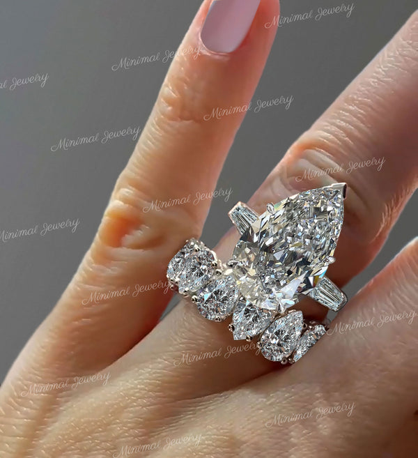 13.7 TCW Three stone Moissanite pear shaped engagement ring set,celebrity style,baguette&big large unique pear shaped ring,wedding ring set