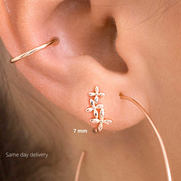 14k gold huggie earrings dainty huggie hoop earrings mini flower hoop earrings tiny solid Gold small hoop earrings cartilage hoop earrings