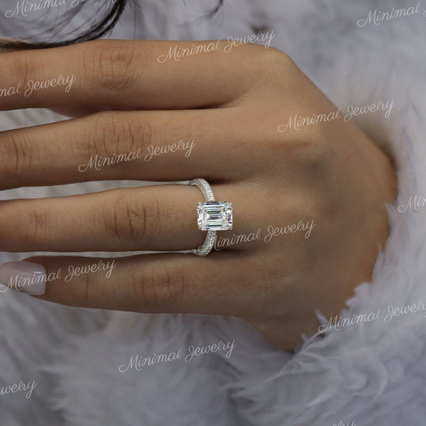 2.5CT Emerald cut moissanite engagement ring,hidden halo,unique emerald cut solitaire ring,3 row pave,claw prong,14k white gold,wedding ring
