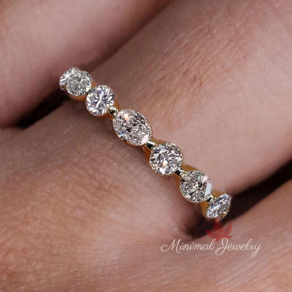 Lab Grown Diamond Wedding Band – East West Bezel Set Oval Eternity Ring, Stackable Floating Bubble Band, Anniversary Ring for Women