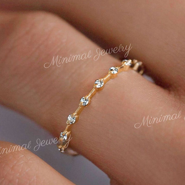 Thin gold wedding band,dainty 1.8mm moissanite wedding band,3/4 eternity ring solid gold,simple stacking ring,right hand comfort fit band
