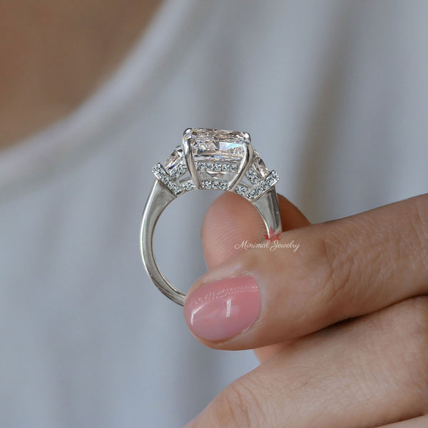 10 Carat Radiant moissanite engagement ring big Three stone ring hidden halo Radiant cut ring large moissanite diamond cocktail wedding ring