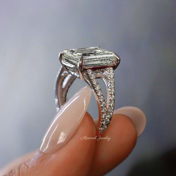 4.5 Carat Emerald cut moissanite engagement ring split shank solitaire ring unique emerald cut moissanite ring wedding ring anniversary ring