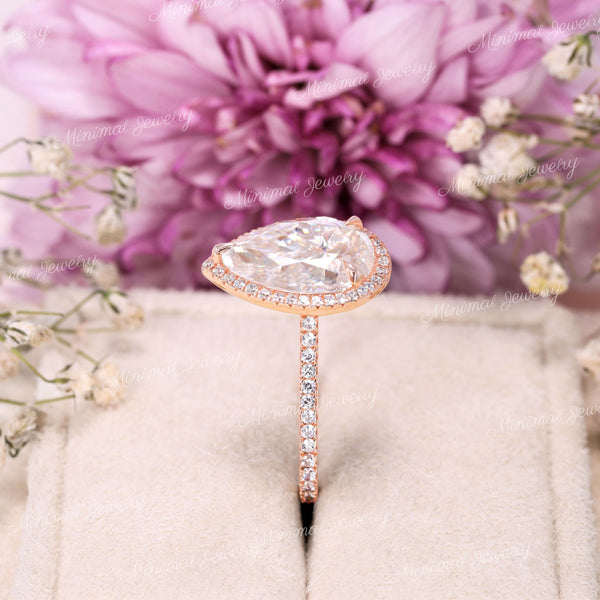 3 CT pear cut halo engagement ring,14k rose gold,pear shaped moissanite ring,wedding ring,anniversary gift ring,women,unique pear halo ring