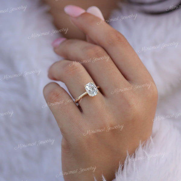 2.5 CT cushion cut moissanite engagement ring,hidden halo elongated cushion,solitaire Cathedral ring,double claw prong,14k gold,wedding ring