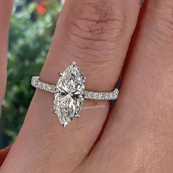 2 CT Marquise moissanite engagement ring,unique solitaire hidden halo ring,art deco,14k/18k white gold,wedding ring,anniversary•promise ring