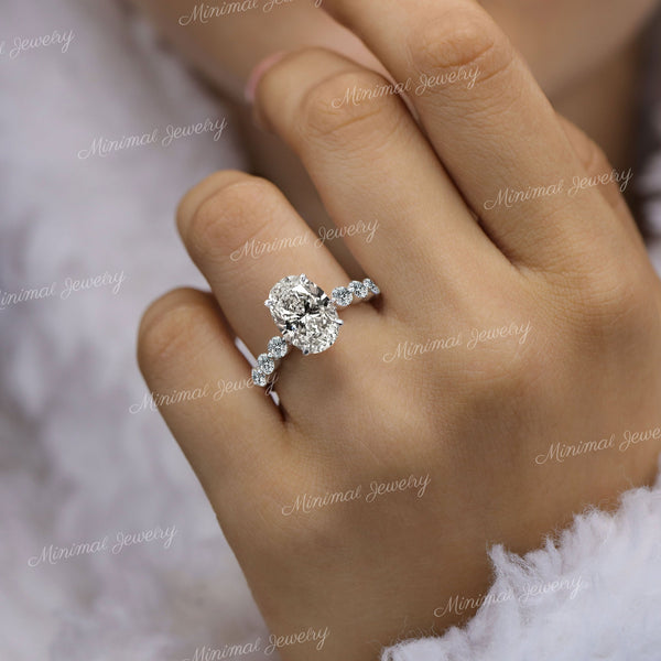 4.1 CT oval moissanite engagement ring,unique solitaire oval engagement ring,art deco 14K white gold wedding ring,thick bubble band,women