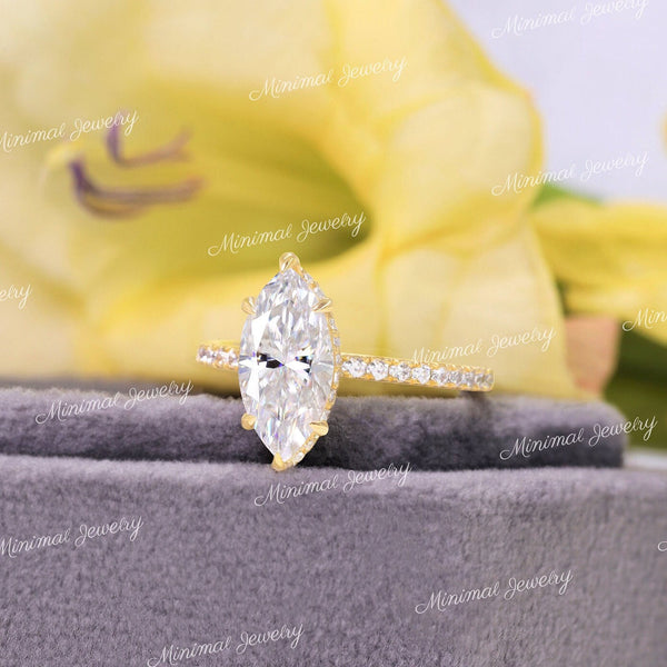 2 CT marquise moissanite engagement ring,hidden halo cathedral ring set,marquise cut solitaire ring,modern unique,anniversary wedding ring
