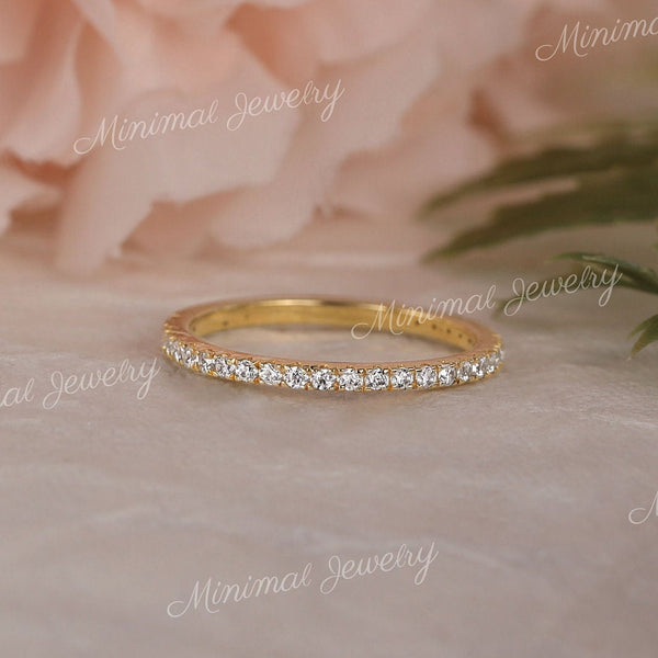 micro pave wedding band,3/4 Eternity Ring,solid 14k Gold,1.5 mm Thin wedding band,moissanite wedding band,simple,dainty stacking ring,women