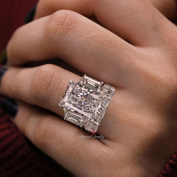 Radiant Cut Moissanite Engagement Ring Set with Wedding Band 13.5TW Three stone bridal jewelry set women anniversary gift large diamond ring