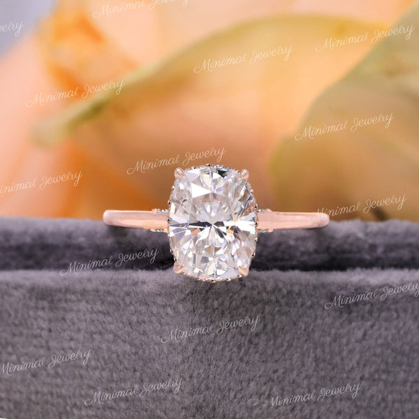 2.5CT cushion cut moissanite engagement ring,hidden halo 14k Rose gold,elongated cushion moissanite solitaire,pave bridge,claw prong,propose