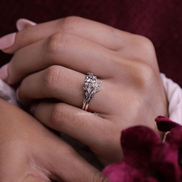 Nature inspired engagement ring set platinum 1 carat moissanite flower leaf engagement ring bridal wedding ring set women promise ring her