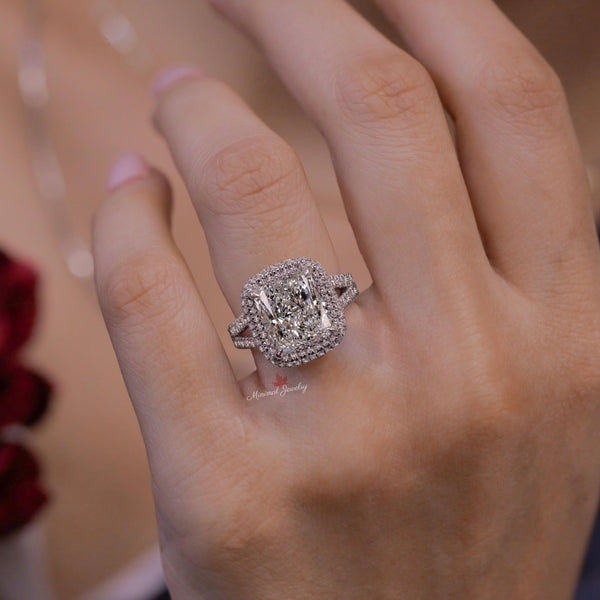 4CT Radiant cut Moissanite Engagement Ring Split Shank 14K Gold Crushed Ice Radiant Halo Wedding Ring Anniversary Ring for Women