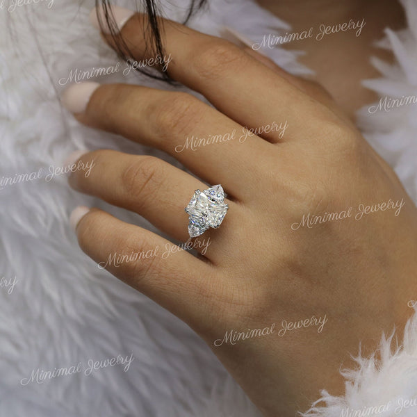 3 CT Radiant Cut Moissanite Ring,Three Stone Engagement Ring,Side trillion,Claw Prongs,unique trilogy ring,bridal Wedding Ring,white gold
