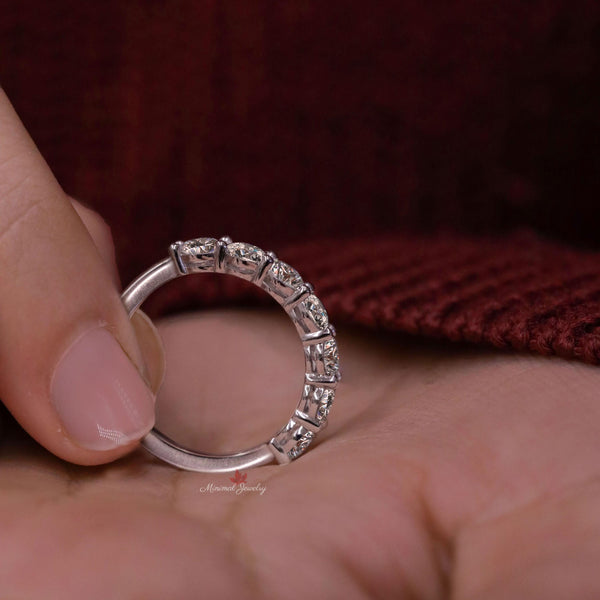 Half eternity wedding band 7 stone moissanite wedding band 14k gold 2.5mm dainty wedding band women stackable ring 7th anniversary gift band