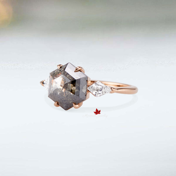 2.9CT hexagon salt and pepper diamond ring,2 kite shaped three stone engagement ring,unique claw prong wedding ring,anniversary,promise ring