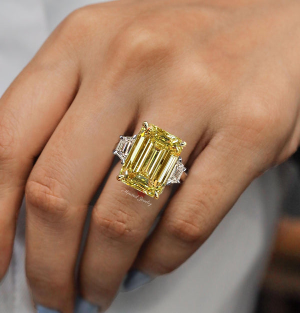 11.5 CT canary yellow Emerald cut moissanite engagement ring Large Three stone yellow sapphire ring fancy yellow diamond ring wedding ring