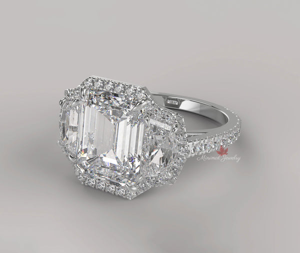 Three stone emerald cut engagement ring unique halo set shield&5CT emerald cut moissanite ring wedding ring women 3 stone anniversary ring