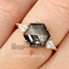 2.9 CT hexagon salt and pepper diamond ring,10k yellow gold three stone,Moissanite engagement ring,black diamond ring,ready to ship,6 US