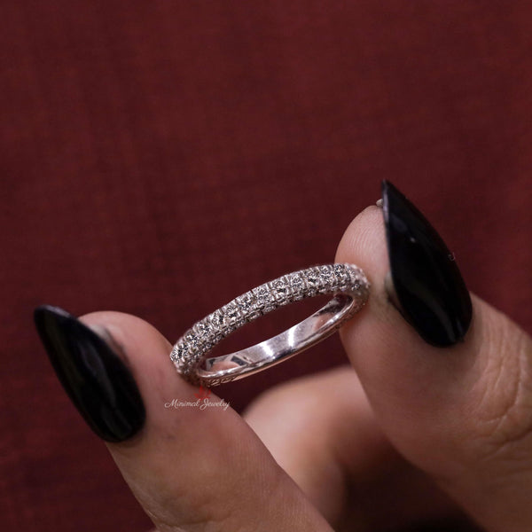 Dainty wedding band 14k solid Thin gold ring 2.5mm moissanite simple wedding band stackable ring set pave eternity band anniversary gift her