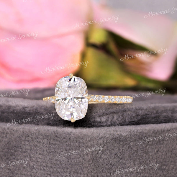 2.5 CT Cushion Cut Moissanite,hidden halo Engagement Ring,solitaire elongated cushion Cathedral ring,kim kardashian ring style wedding Ring